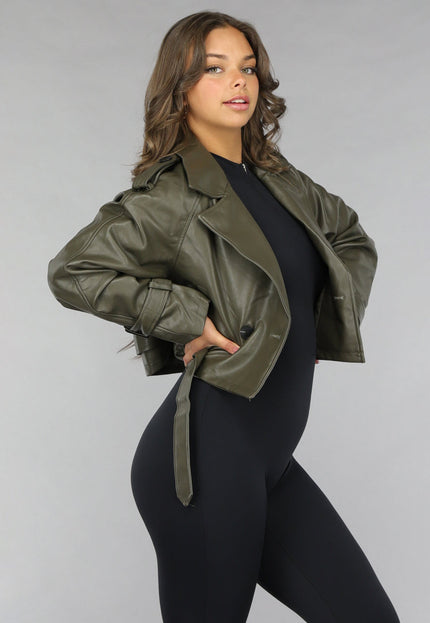 NEW120225 Korte Khaki Lederlook Jasje