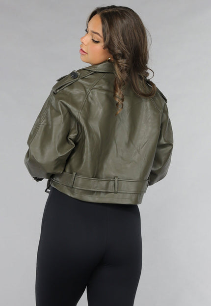 NEW120225 Korte Khaki Lederlook Jasje
