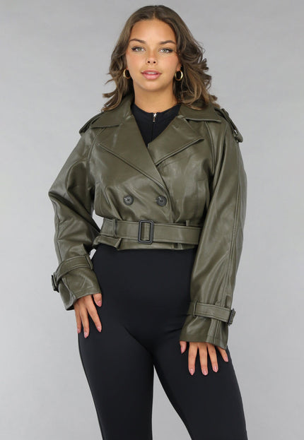 NEW120225 Korte Khaki Lederlook Jasje