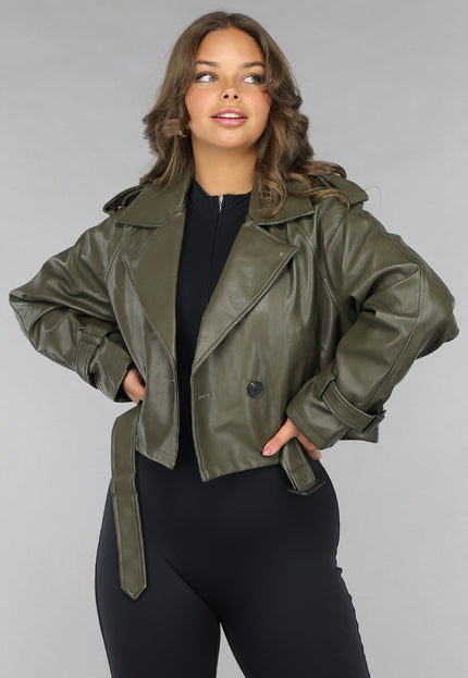 NEW120225 Korte Khaki Lederlook Jasje