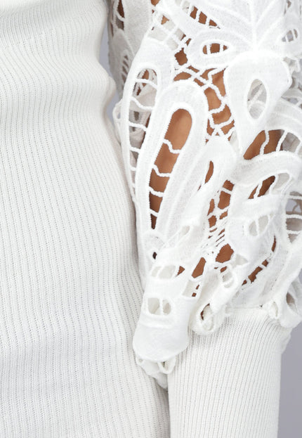 NEW120225 Witte Rib overslag Jurk met Gehaakte Mouwen en Stretch