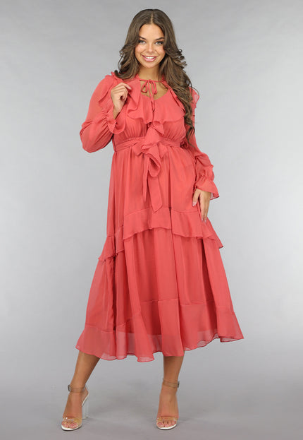 NEW120225 Zalmroze Ruffle Chiffon Maxi Jurk