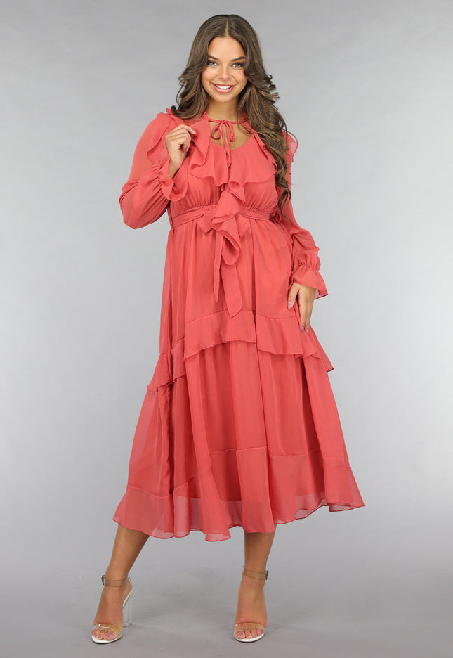 NEW120225 Zalmroze Ruffle Chiffon Maxi Jurk