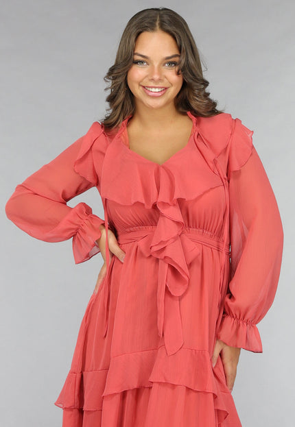 NEW120225 Zalmroze Ruffle Chiffon Maxi Jurk