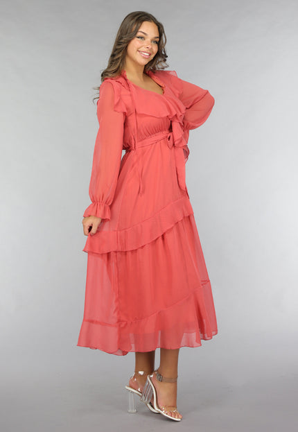 NEW120225 Zalmroze Ruffle Chiffon Maxi Jurk