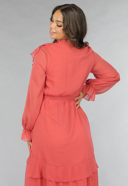 NEW120225 Zalmroze Ruffle Chiffon Maxi Jurk