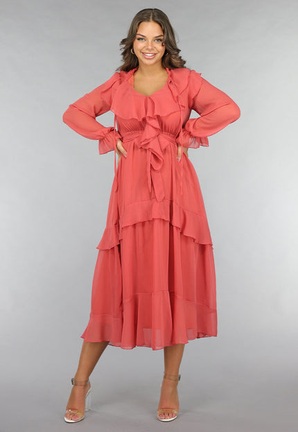 NEW120225 Zalmroze Ruffle Chiffon Maxi Jurk