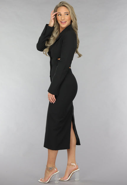 NEW120225 Zwarte Cut Out Midi Jurk met Blazer Look