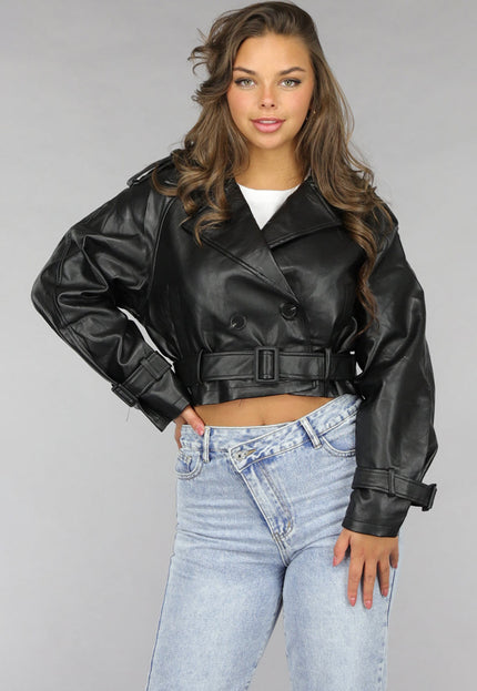 NEW120225 Zwarte Vegan Leren Jas met Gespdetails