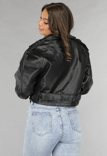 NEW120225 Zwarte Vegan Leren Jas met Gespdetails