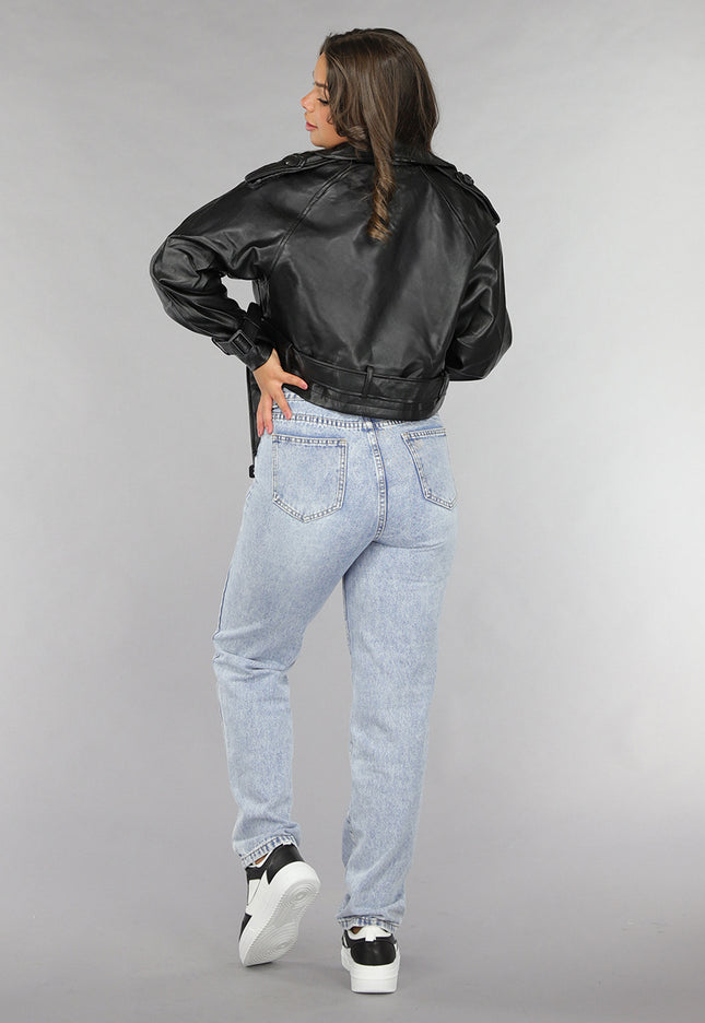 NEW120225 Zwarte Vegan Leren Jas met Gespdetails