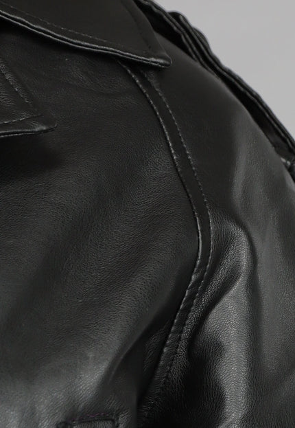 NEW120225 Zwarte Vegan Leren Jas met Gespdetails