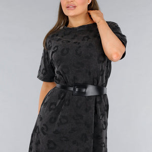 NEW120325 Grijze Oversized T-Shirt Jurk met Panterprint