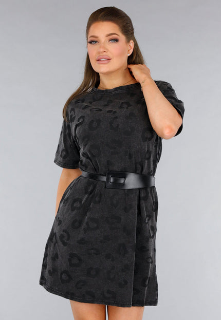 NEW120325 Grijze Oversized T-Shirt Jurk met Panterprint