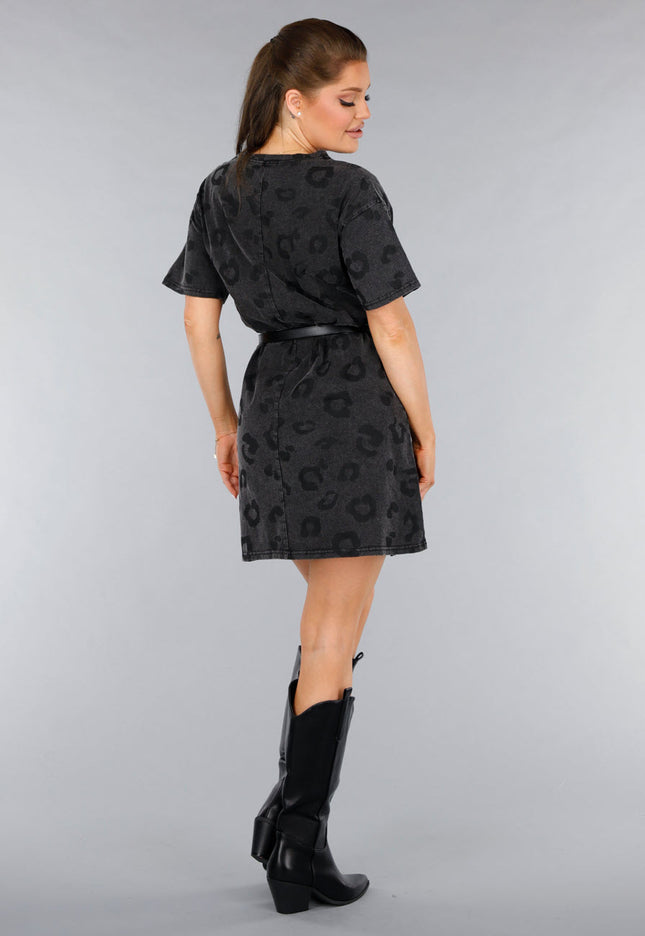NEW120325 Grijze Oversized T-Shirt Jurk met Panterprint