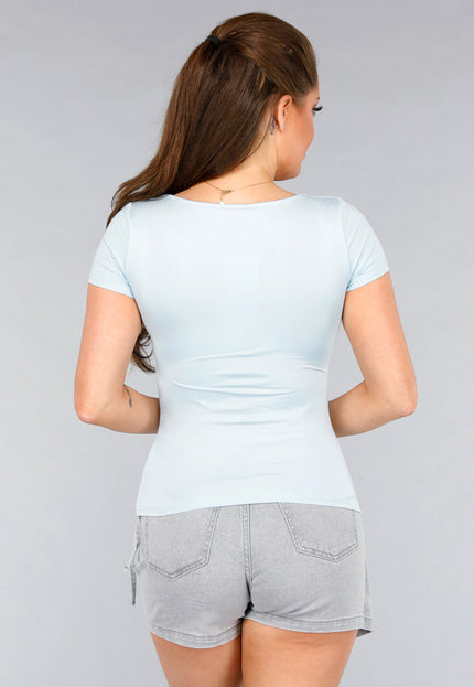 NEW120325 Lichtblauwe Top met Stretch en Vierkante Hals