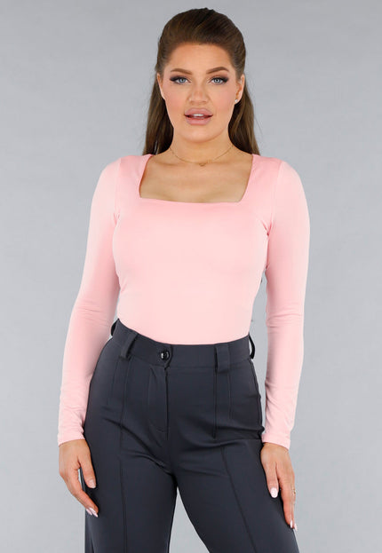 NEW120325 Longsleeve Lichtroze Stretchstof Shirt met Vierkante Hals