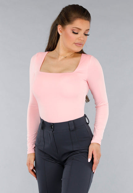 NEW120325 Longsleeve Lichtroze Stretchstof Shirt met Vierkante Hals