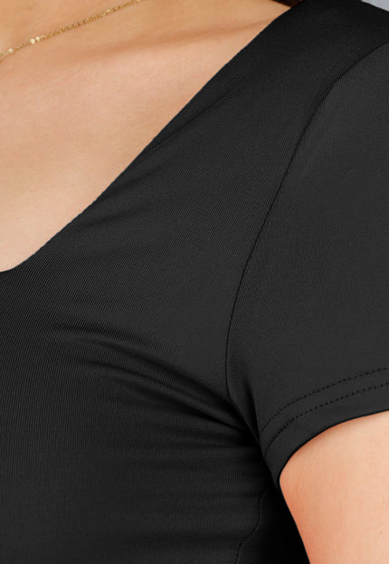 NEW120325 Stretch Shirt in Zwart met Vierkante Hals