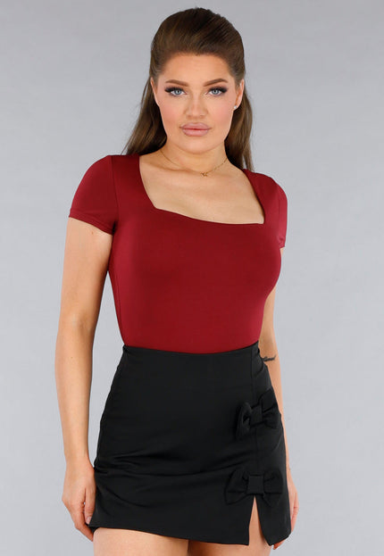 NEW120325 Stretchy Burgundy Shirt met Vierkante Hals