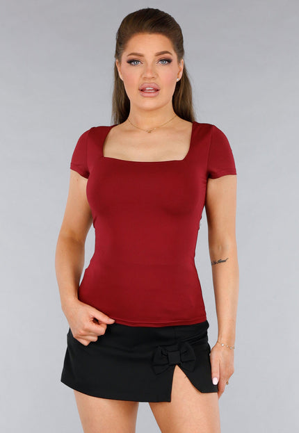 NEW120325 Stretchy Burgundy Shirt met Vierkante Hals