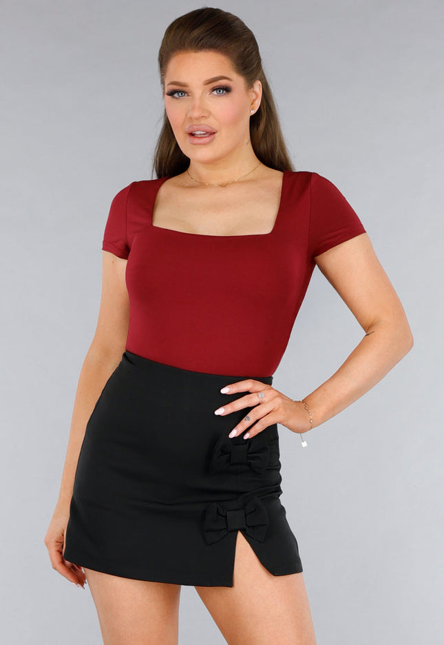 NEW120325 Stretchy Burgundy Shirt met Vierkante Hals