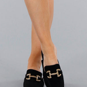 NEW120325 Zwarte Suède Loafers Met Gouden Horsebit Schakel