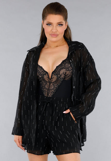 NEW120325 Zwarte Tweedelige Set met Blouse en Short