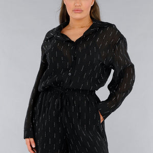 NEW120325 Zwarte Tweedelige Set met Blouse en Short