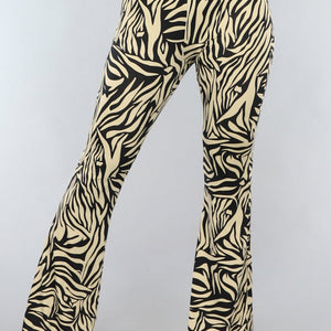 NEW1206 Tall Elastische Beige Zebra Broek met Wijduitlopende Pijpen