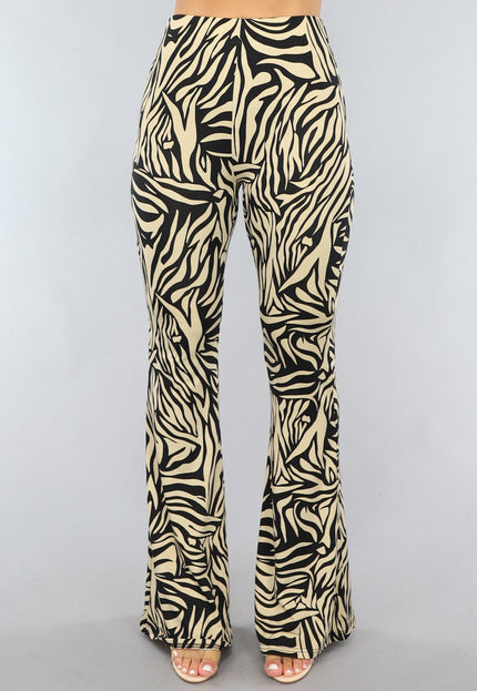 NEW1206 Tall Elastische Beige Zebra Broek met Wijduitlopende Pijpen
