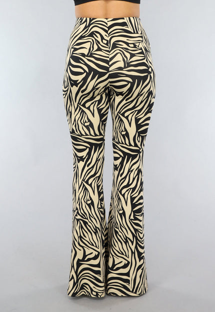 NEW1206 Tall Elastische Beige Zebra Broek met Wijduitlopende Pijpen