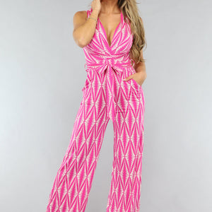 OP=OP.42.NL Tall Fuchsia Print Jumpsuit met Overslag en Stretch
