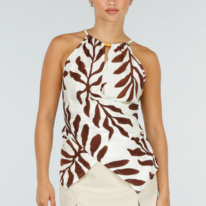 NEW120826 Beige Halter Top met Bladerenprint