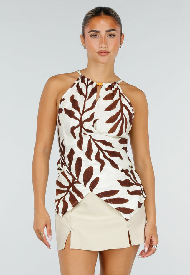 NEW120826 Beige Halter Top met Bladerenprint