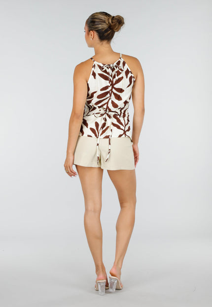 NEW120826 Beige Halter Top met Bladerenprint