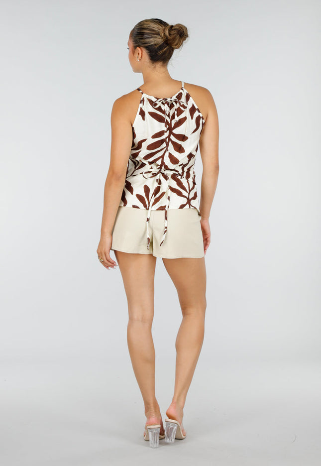 NEW120826 Beige Halter Top met Bladerenprint