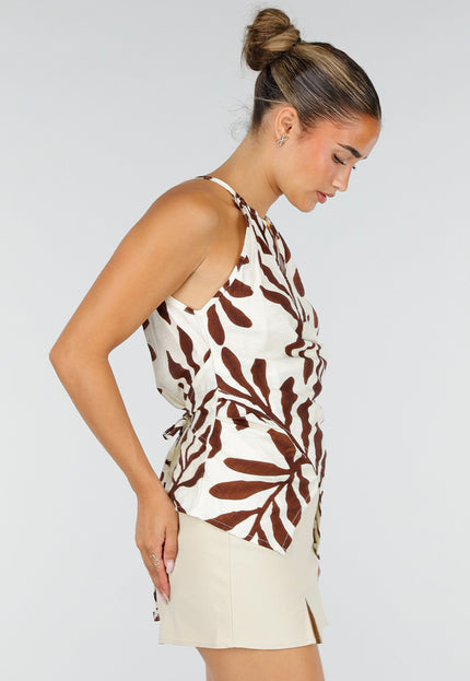 NEW120826 Beige Halter Top met Bladerenprint