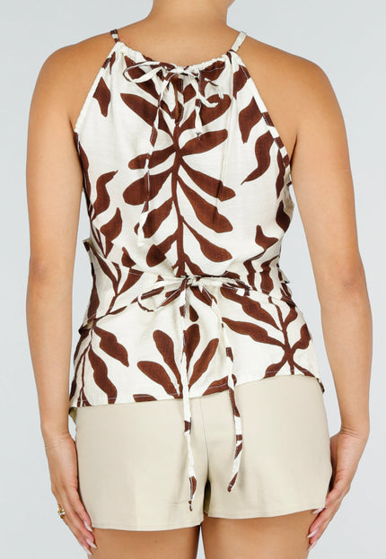 NEW120826 Beige Halter Top met Bladerenprint