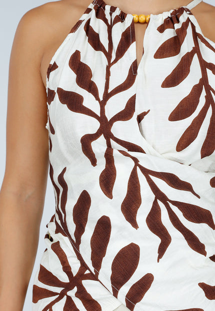 NEW120826 Beige Halter Top met Bladerenprint