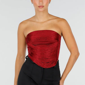 NEW120826 Bordeauxrode Strapless Fringe Top