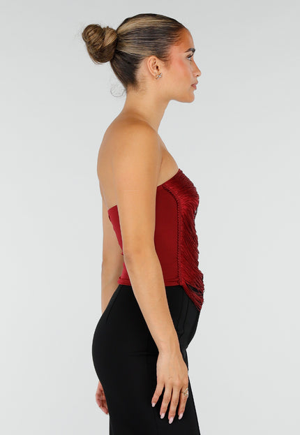 NEW120826 Bordeauxrode Strapless Fringe Top