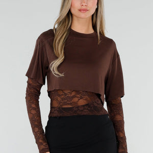 NEW120826 Bruine Crop Top met Kanten Mouwen