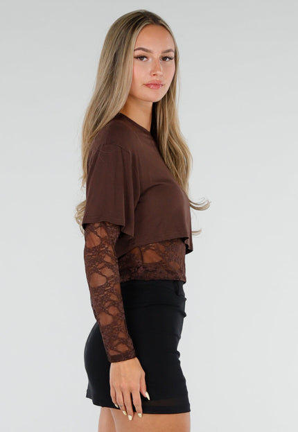 NEW120826 Bruine Crop Top met Kanten Mouwen