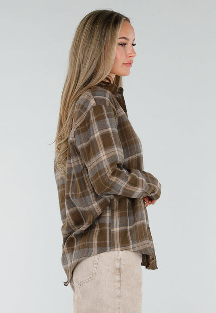 NEW120826 Bruine Geruite Blouse
