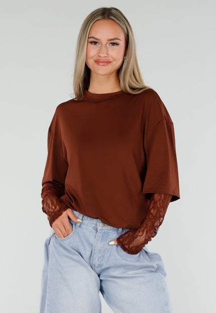NEW120826 Bruine Top met Kanten Lange Mouwen