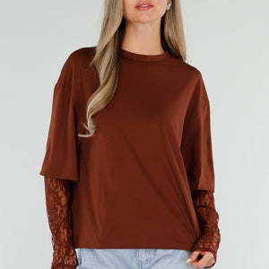 NEW120826 Bruine Top met Kanten Lange Mouwen