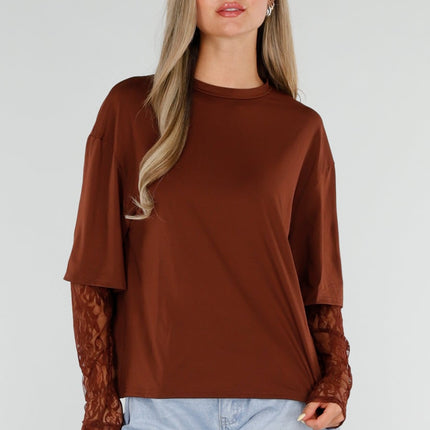 NEW120826 Bruine Top met Kanten Lange Mouwen