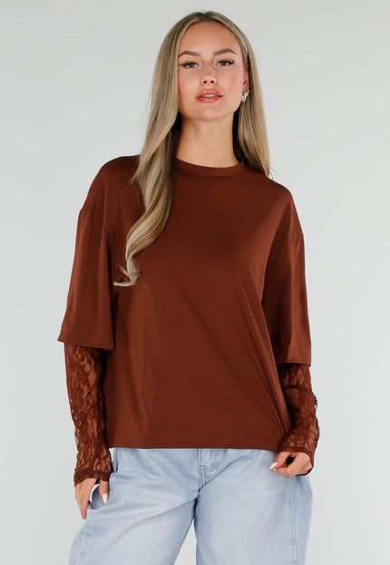 NEW120826 Bruine Top met Kanten Lange Mouwen