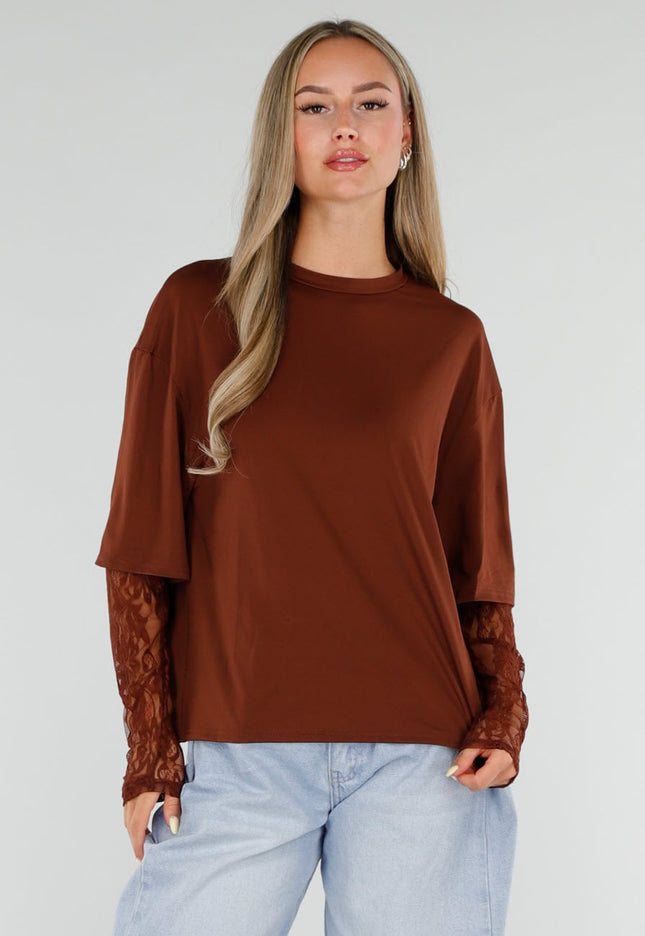 NEW120826 Bruine Top met Kanten Lange Mouwen
